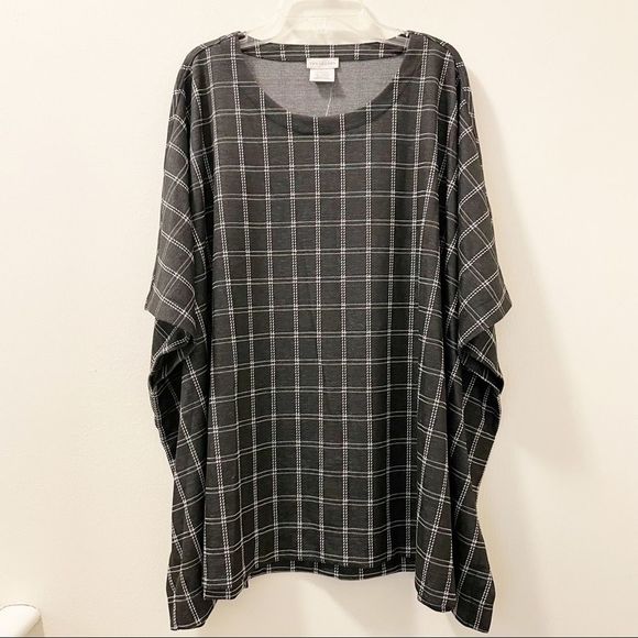 Van Heusen Black Crewneck Plaid Knit Poncho Blouse - Size XL - Picture 2 of 8